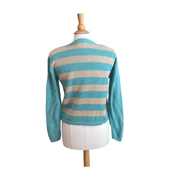 Christopher & Banks Blue, Beige Ramie/Cotton Crewneck Sweater Heart Stripes S - Picture 4 of 11